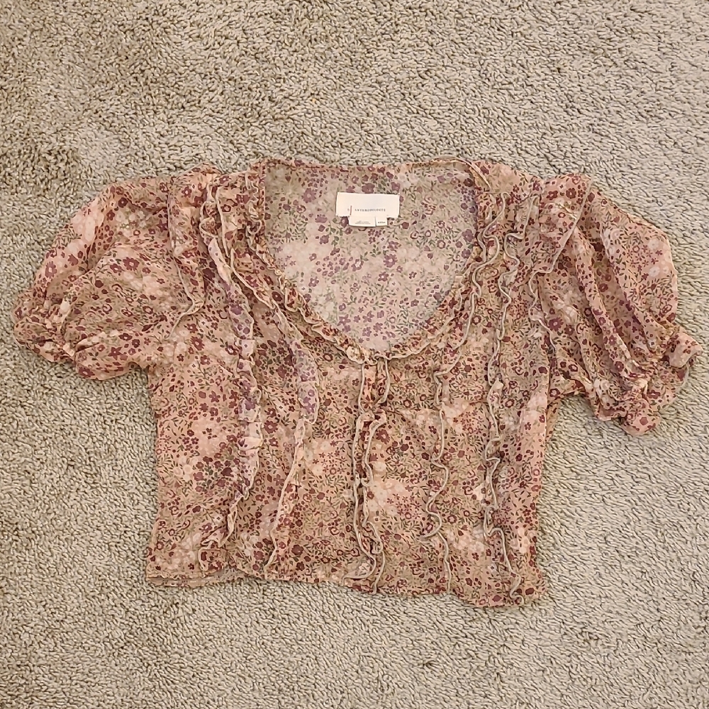 Anthropologie Floral Sheer Cropped Puff Sleeve Blouse PXXS - Picture 3 of 15